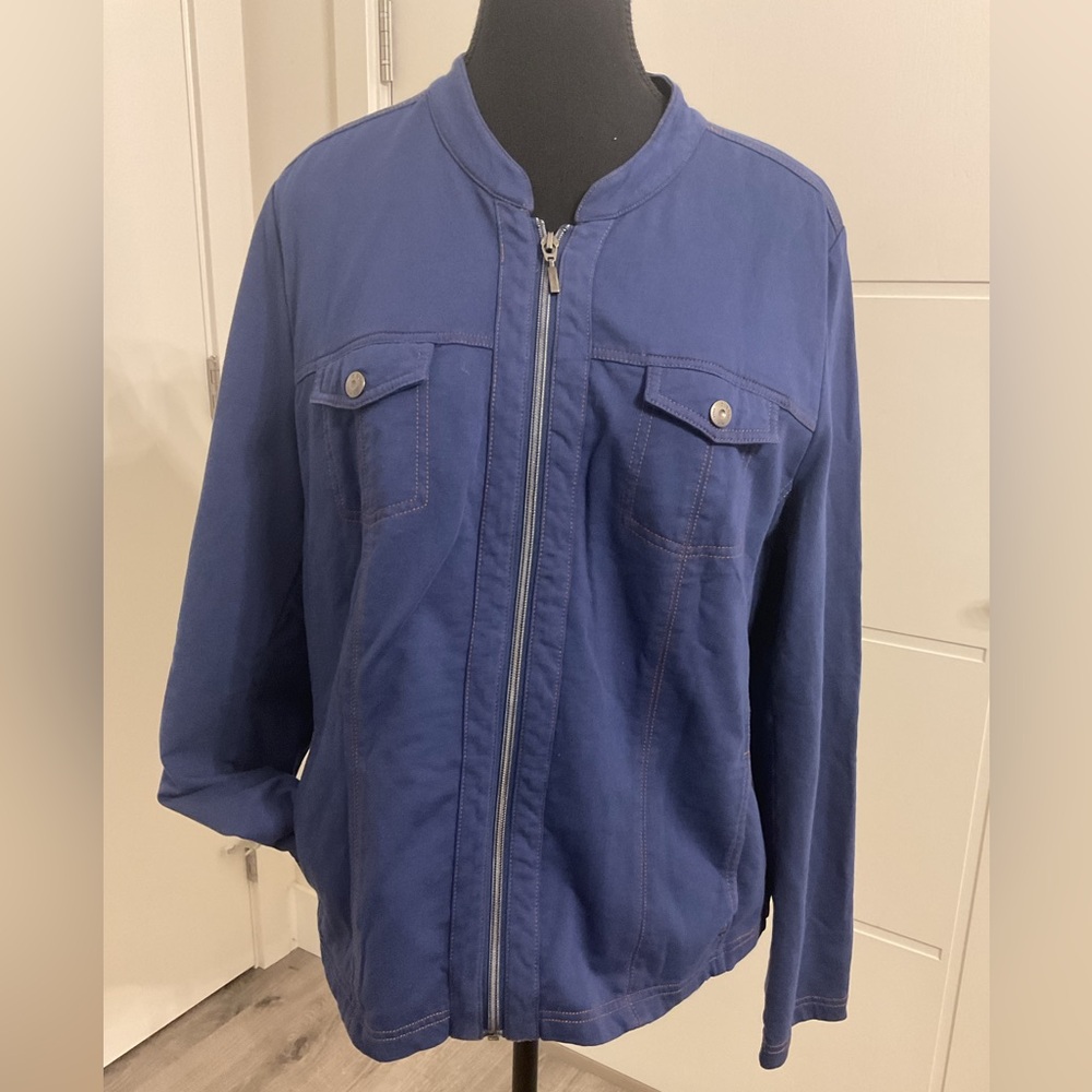 Olsen Navy Cotton Blend Collarless Jacket